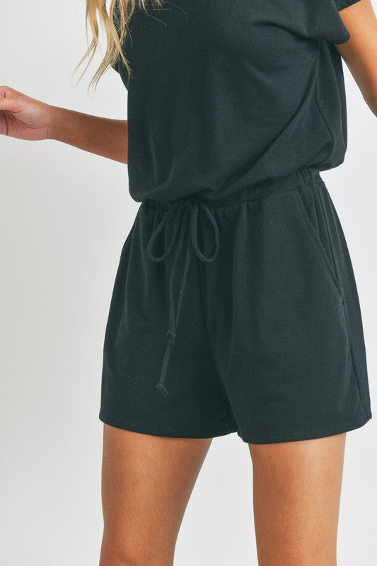 Black French Terry Short Dolman Sleeves Knit Romper
