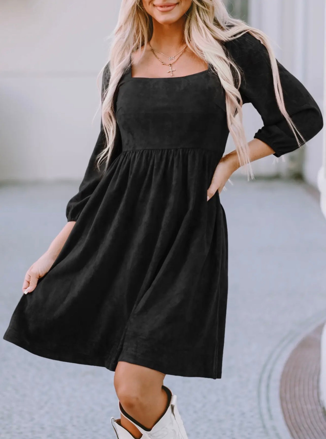 Suede Square Neck Puff Sleeve Dress - Black