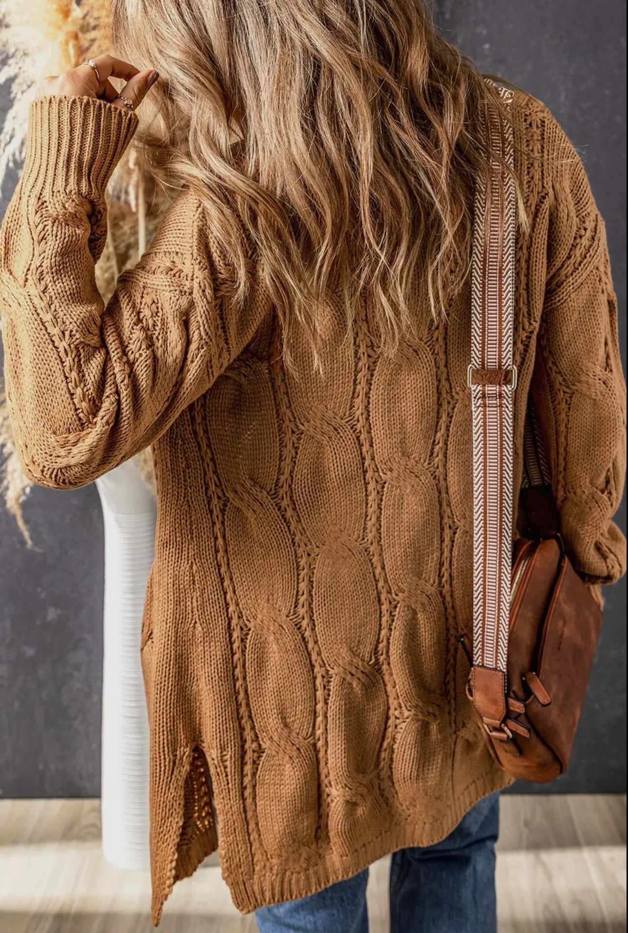 Brown Ribbed Trim Eyelet Cable Knit Cardigan