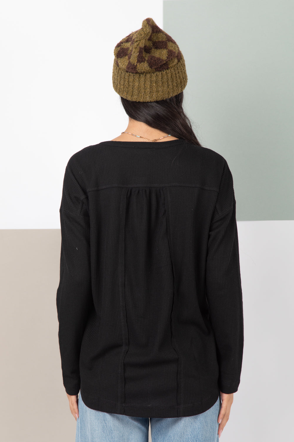Black Waffle Knit Henley