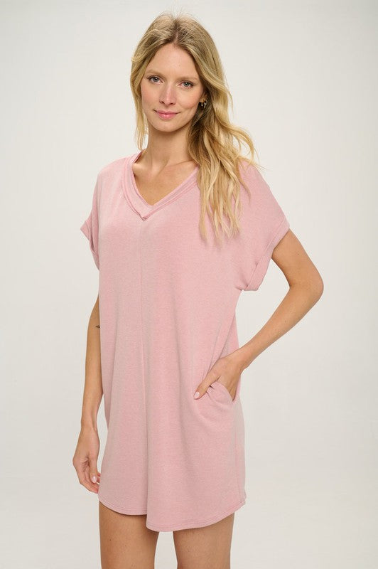 Short Sleeves V Neck French Terry Knit Dress