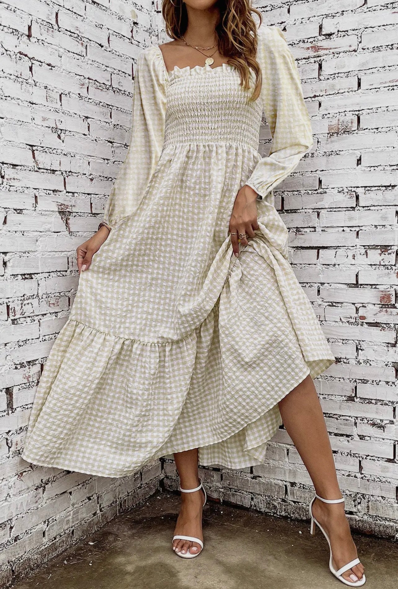 Khaki Plaid Ruffled Smocked Maxi Dress