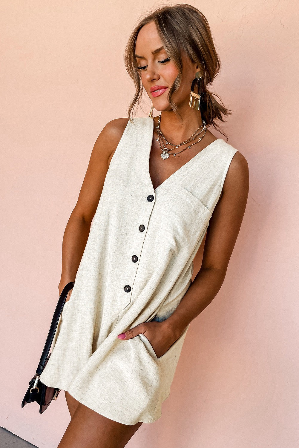 Beige V Neck Linen Romper