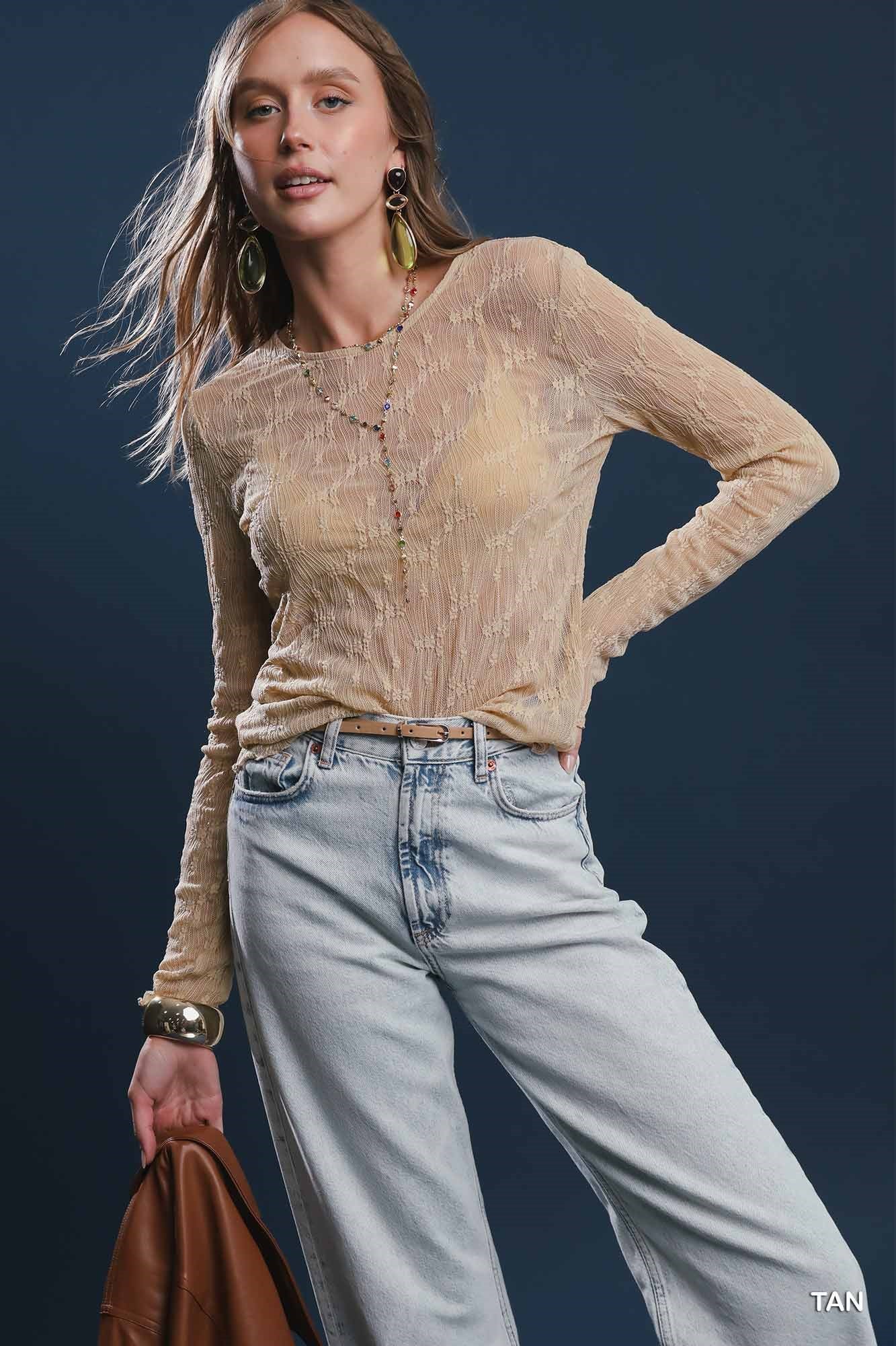 Tan Lace Long Sleeve Top