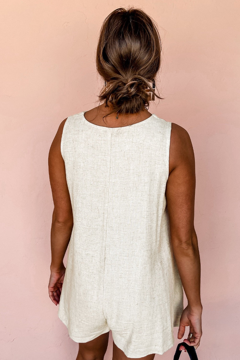 Beige V Neck Linen Romper