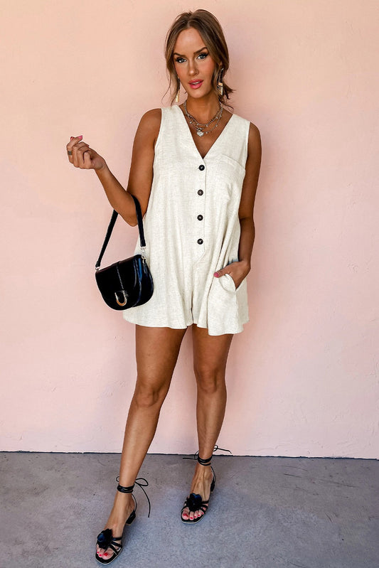 Beige V Neck Linen Romper