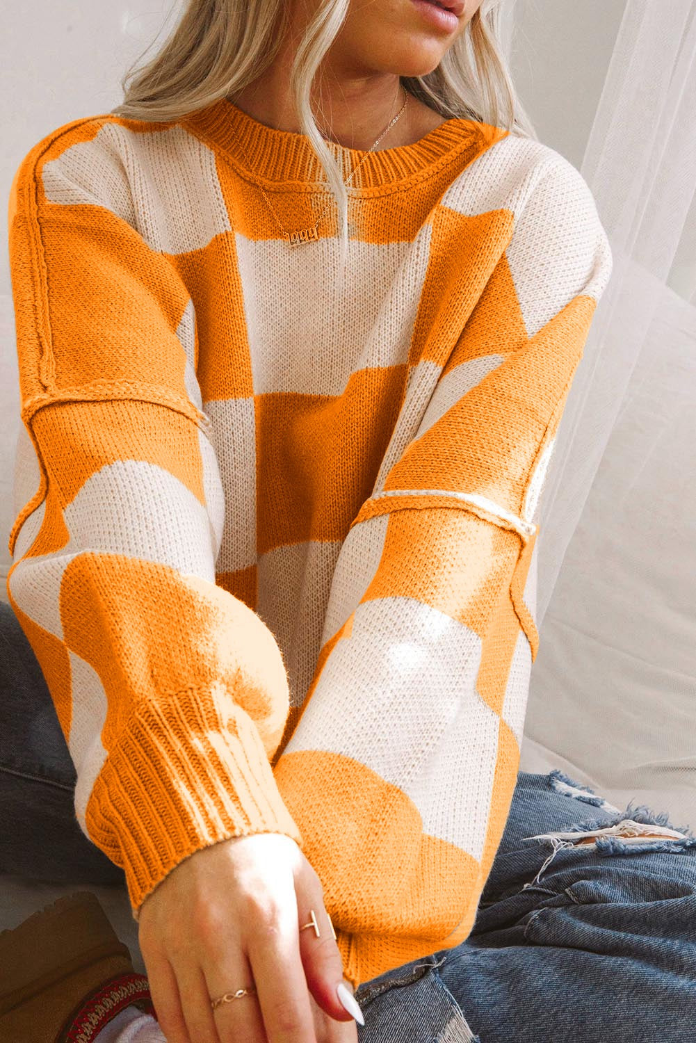 Orange & White Checkered Sweater