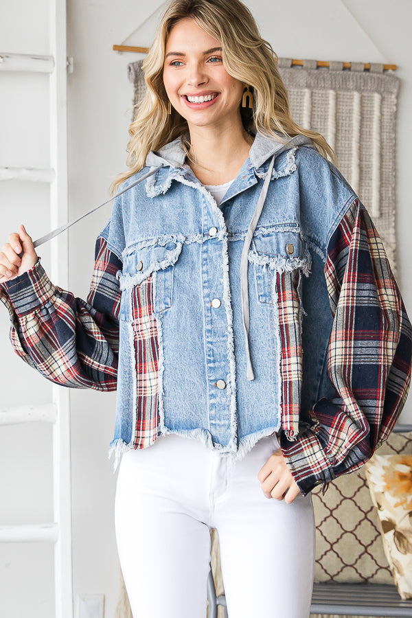 Navy Plaid Denim Jacket w/ Hood