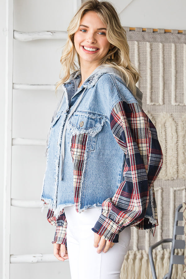 Navy Plaid Denim Jacket w/ Hood