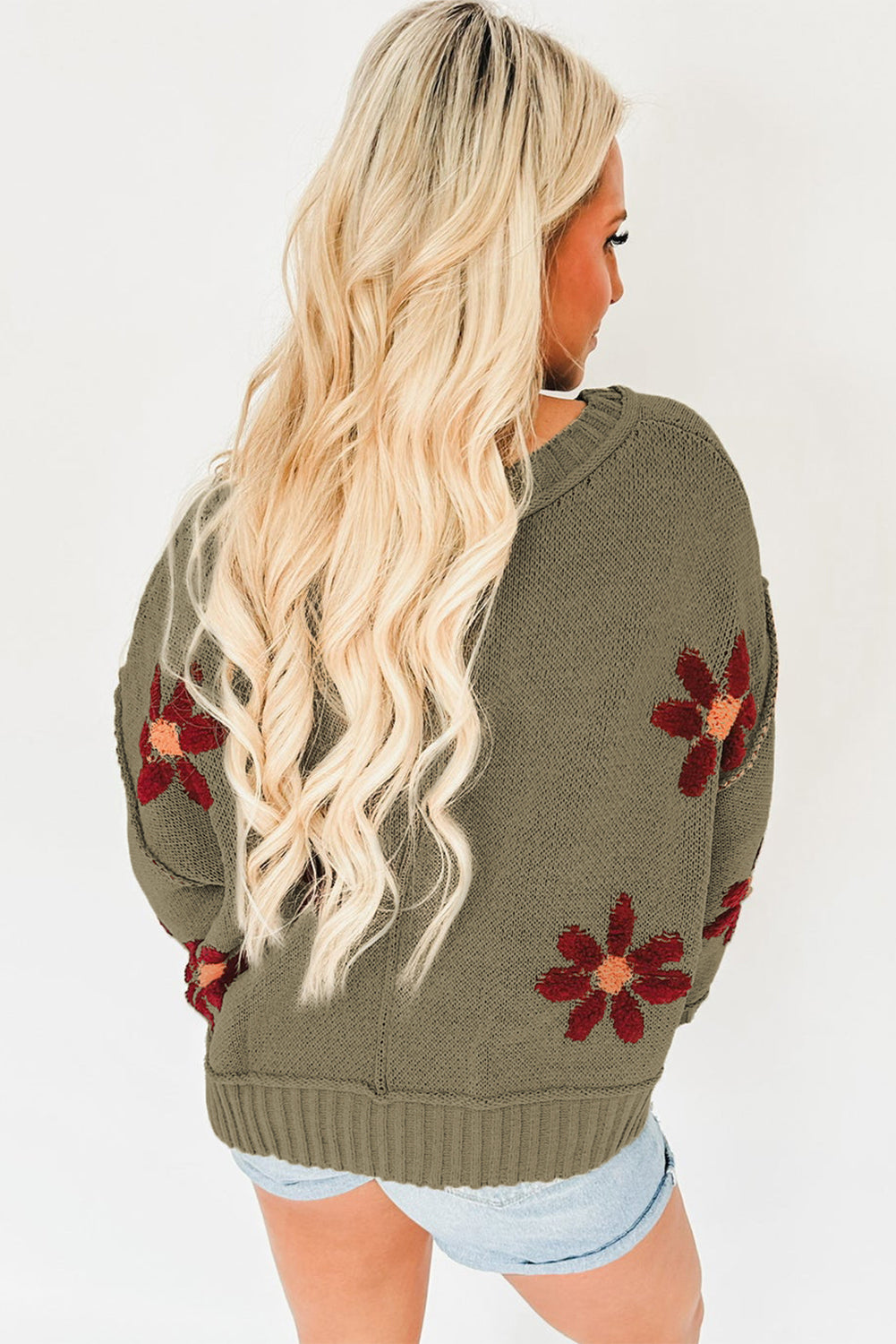 Sage Green Flower Knit Ribbed Trim Sweater