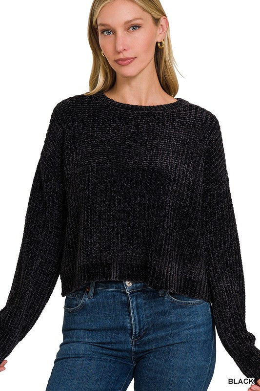 Zenana Black Chenille Crop Sweater