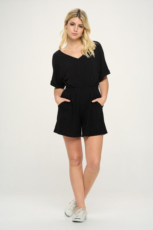 Black V Neck French Terry Romper