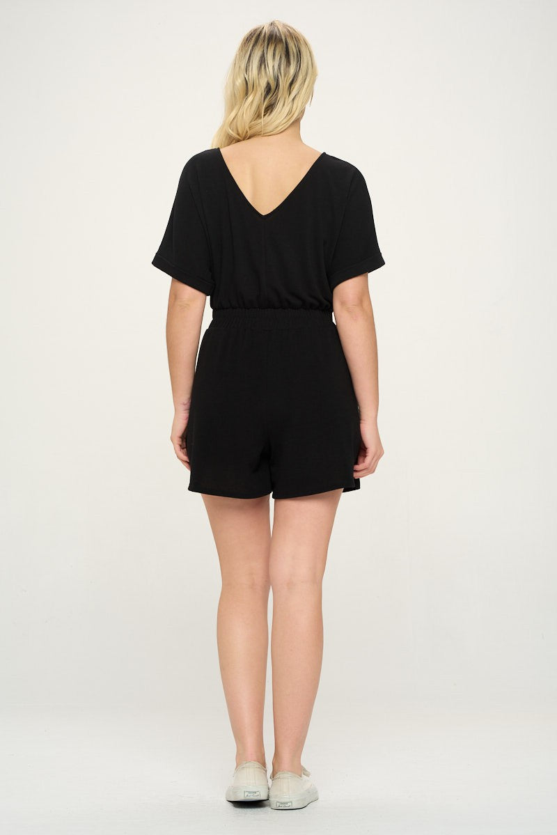 Black V Neck French Terry Romper