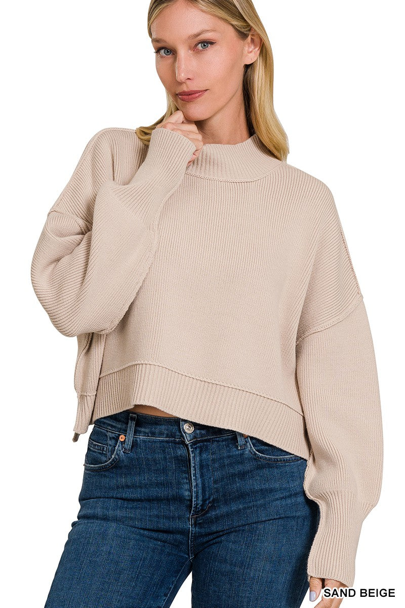 Zenana Side Slit Oversized Cropped Sweater